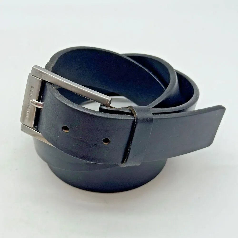 Hugo Boss Black Cow Leather Belt Men's 38 Engraved HB Silver Tone Buckle 5128